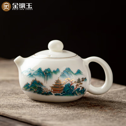 Gold inlaid jade mutton fat jade porcelain Xishi pot Chinese style ceramic teapot drinking tea kettle Kung Fu tea set household single pot