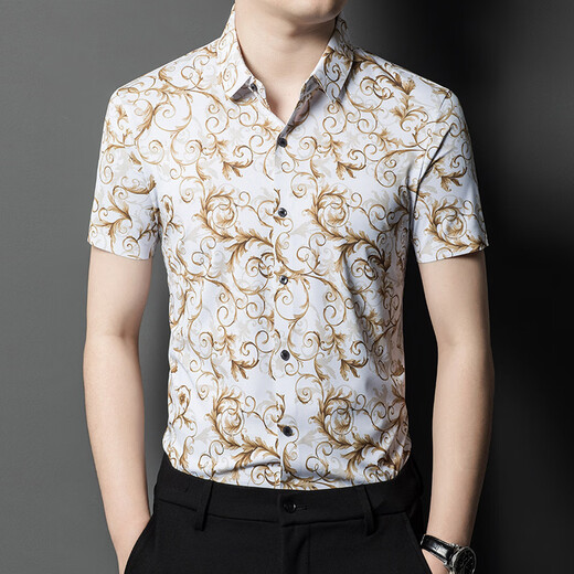 Sommer-Kurzarm-Herrenhemd für junges und mittleres Alter, Business-Casual, dünner Abschnitt, bedruckt, trendiges Hemd, lockeres Oberteil, grauweiß, 9866 M /48
