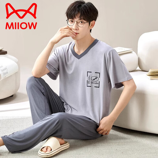 猫人（MiiOW）莫代尔男士睡衣夏季套装薄款长裤冰蚕丝凉感可外穿大码家居服 6624【莫代尔】 3XL 【建议160-180斤内】