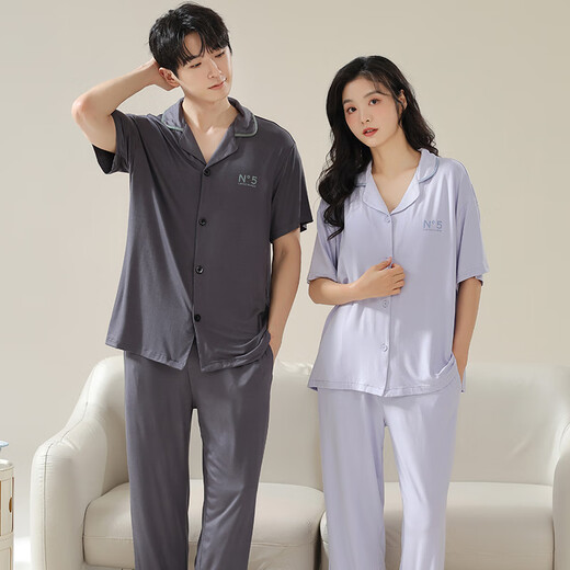 含蕊睡衣女夏季莫代尔薄款短袖长裤大码凉感冰丝男家居服套装 N12108女12308男 170 女款M