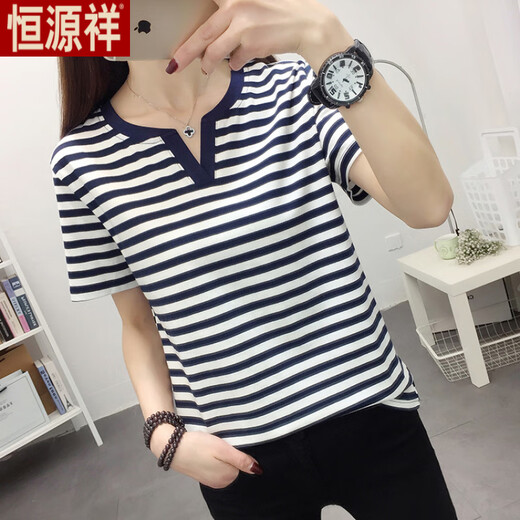 Hengyuanxiang Fat MM Vêtements pour femmes de grande taille Summer 2025 T-shirt à manches courtes en coton en V Lower Coton en V Couvrant le ventre à la mode Blue 838 L Recommandé 105-120Jin [Jin est égal à 0,5 kg]
