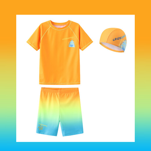 Cold element Coldelement children's swimsuit short-sleeved boys' new summer sunscreen UPF50+baby swimsuit fluorescent color sunshine orange+swimming trunks 6XS (110) 25-35Jin Jin equals 0.5 kg