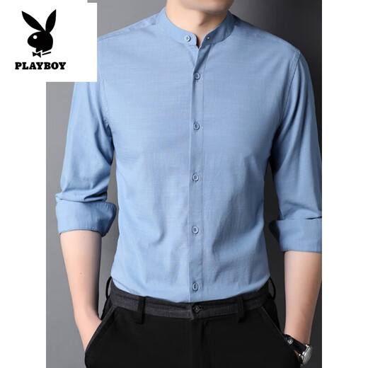 Playboy (PLAYBOY) Autumn Small Stand Collar Shirt Men's Cotton Line Middle-aged Long Sleeve Imitation Line Chinese Style Shirt Top Casual Fashion Men's Clothing WL9930 Dark Gray L 175