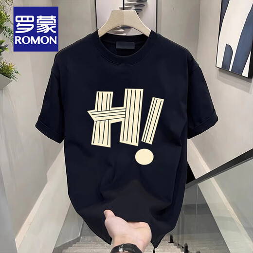 罗蒙（ROMON）男士美式潮流痞帅冰丝短袖T恤男潮牌设计感夏装印花圆领半袖上衣 1506-1-TM6771黑色 L 建议120-140斤