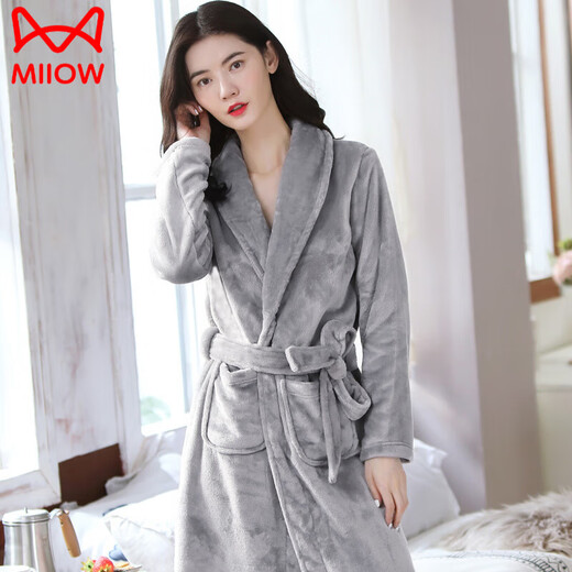 Catman (Miiow) 2024 Neues Herbst- und Winterkorallen-Samt Nachthemd für Frauen mit mittlerer Länge Flanell Nachthemd Bademantel Hauskleidung Pyjamas Hellgrau Bademant