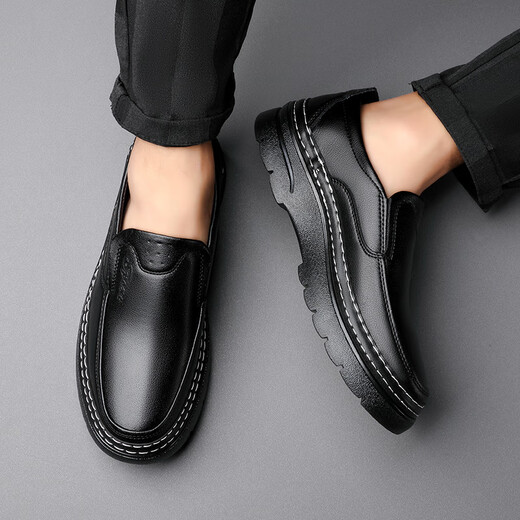 啄木鸟鞋底上线男鞋大头鞋男真皮男士马丁鞋休闲工装鞋皮鞋套脚百塔皮鞋 黑色 9765 38