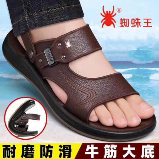 蜘蛛王凉鞋男夏季2025新款休闲真皮软底防滑耐磨防臭拖鞋男士外穿沙滩鞋 黑色Z2601 39 (245mm)