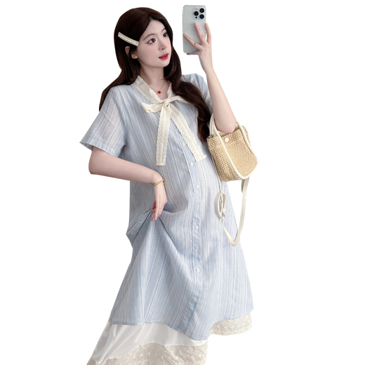 
Ranqi's mother's summer clothing Korean version 2025 summer maternity clothing single-breasted lace spliced bow fake two-piece dress blue L