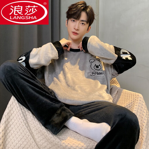 Langsha Coral Coral Velvet Invierno Pajamas Otoño e invierno en espesas más Velvet Adolescentes de ropa para hombres Flanela Ropa para el hogar 3882 Letras Plumas L Hombres L
