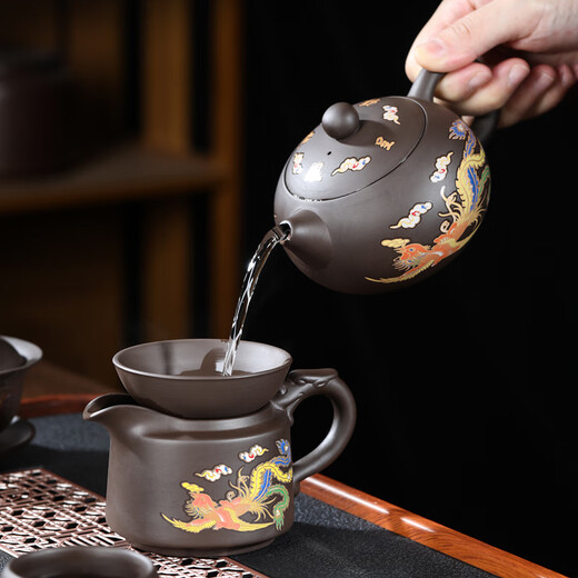 Oein changes color when heated, purple sand kung fu tea set, dragon and phoenix Chengxiang complete tea making set, household raw mineral mud teapot, teacup set, teapot cover bowl 12 pieces + tea ceremony
