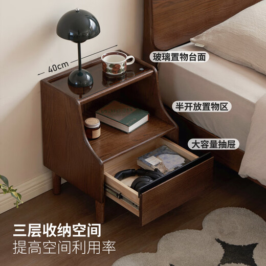 Genji Muyu solid wood bedside table modern minimalist storage cabinet bedroom bedside small cabinet household oak storage cabinet 0.4m bedside table (400*350*500mm) assembly