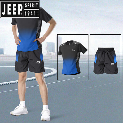 
JEEP SPIRIT Sports Ice Silk Set Men's 2025 Summer New Short Sleeve T-Shirt Running Fitness Basketball Quick Dry Sportswear Men 9901 Black and Red Set M