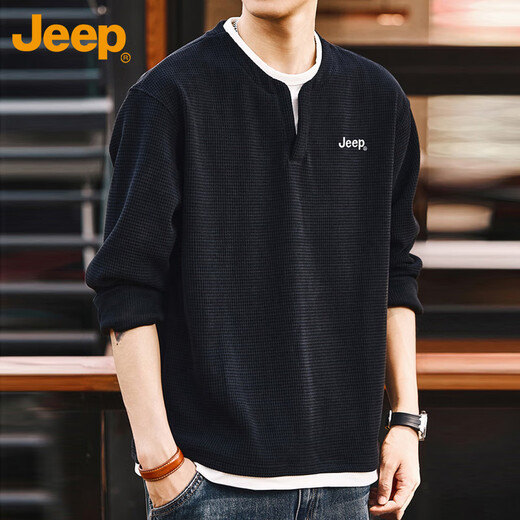 Jeep (JEEP) sweatshirt men's autumn and winter heavyweight waffle fake two-piece bottoming shirt top men's black XL