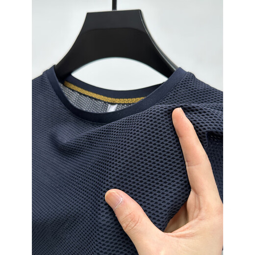 Camiseta de malla de seda de hielo de alta gama clásica para un cuello redondo de manga corta para hombres Sume Sweet Sweet Sweating Sweating Camiseta Camiseta Top D6188 Brown 2XL