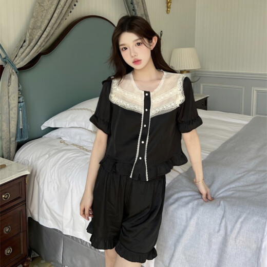 姿伟祺赫本风冰丝睡衣女夏季短袖公主风甜美少女感蕾丝边家居服套装 13562黑色双短 170 M建议80-100