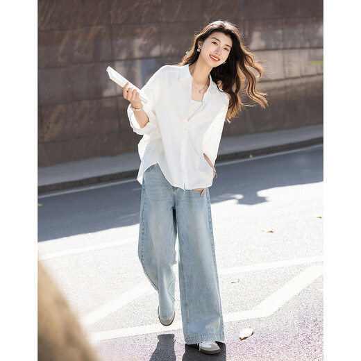 Demana pure cotton 100 white shirt, summer simple lapel, contrasting color buckle, five-quarter sleeve shirt, women's top