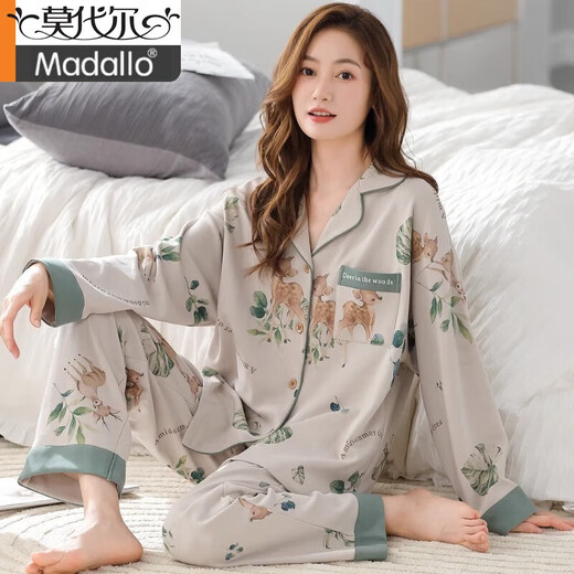莫代尔睡衣春秋款女2024新款纯棉布料100全棉女士家居服女款春秋季 LF:9227青色满铺不规则 M