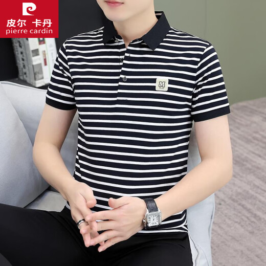 皮尔卡丹夏季翻领男士短袖t恤纯棉潮流条纹休闲风polo衫半袖帅气百搭体恤 白色 QY753 M