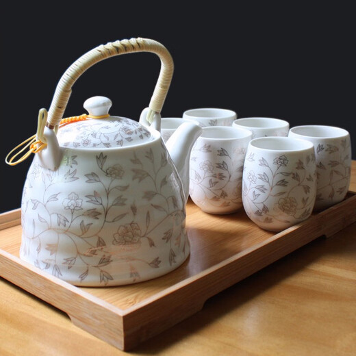 Ancient Sheng Ji with Bamboo Support Jingdezhen Ceramic Tea Set Household Complete Lift Kettle Chinese Teapot Tea Cup with Filter Platinum Orchid Vine (Main Image) 7 Pieces 7 Pieces