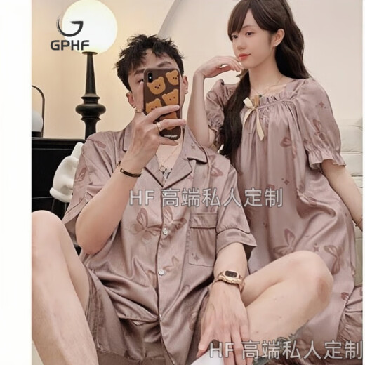 GPHF日系情侣睡衣夏季短袖冰丝睡裙男女薄款轻奢凉爽可外穿家居服套装 13076-13077 M 女+男XL