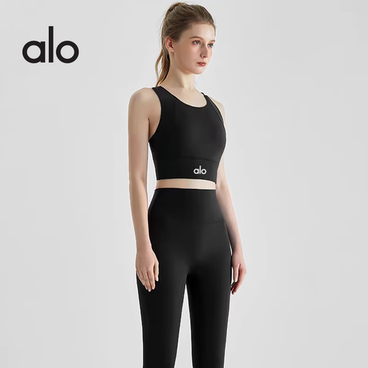 ALO YOGA fitness clothing set for women, shock-proof all-in-one vest, high-looking Pilates training sports yoga clothing, navy blue vest + navy blue trousers XL