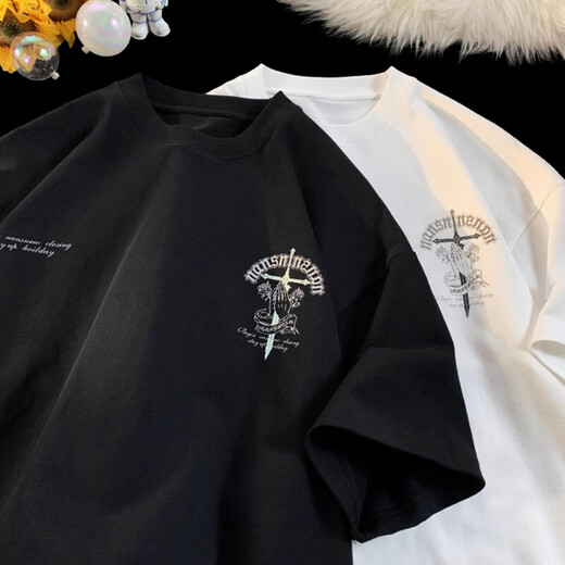 POUM short-sleeved T-shirt men's summer pure cotton 220g cross high street trendy brand half-sleeved pussy loose half-sleeved T-shirt YSXS-CM1484 white S