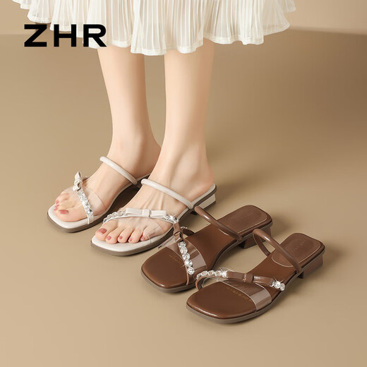 
ZHR slippers for women in summer, thick heels, rhinestones, French gentle skirt, flip-flops, KY15 beige 37