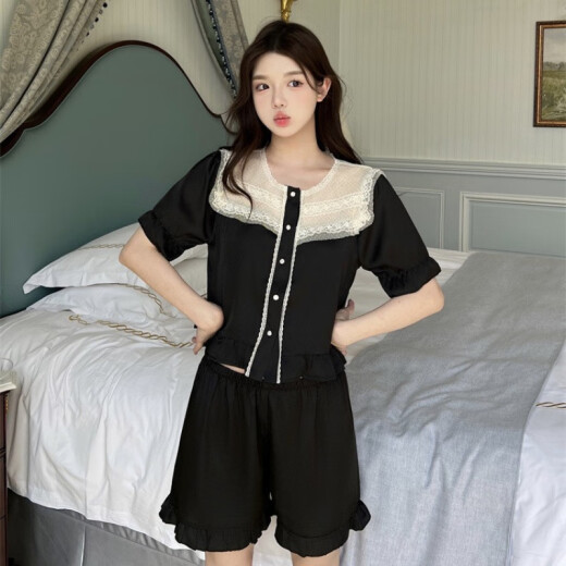 姿伟祺赫本风冰丝睡衣女夏季短袖公主风甜美少女感蕾丝边家居服套装 13562黑色双短 170 M建议80-100