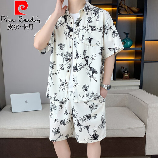
Pierre cardin ice silk short-sleeved shirt suit men's summer casual cool quick-drying floral shirt with beach shorts two-piece set 679 black suit M 90-110Jin [Jin equals 0.5 kg]