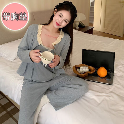 荣西图（RONGXITU）甜美纯欲风带胸垫睡衣三件套可外穿家居服春夏 S681#米白 185 XXL