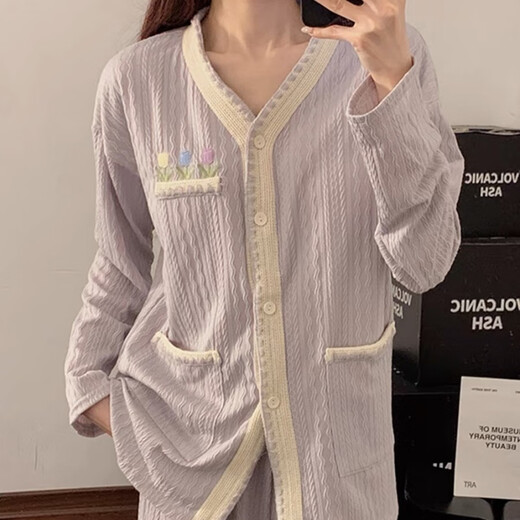 Ziweiqi xiangtao Pajamas de flores moradas para el pecho de algodón de mujeres primavera y otoño ropa nueva para el hogar 9926 púrpura 170 m