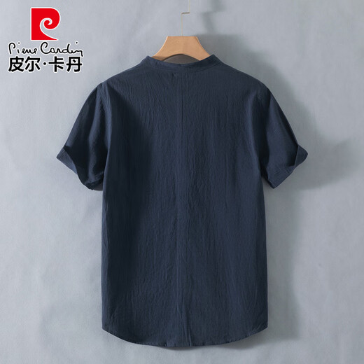 Pierre Cardin Henry collar linen short-sleeved shirt men's collarless men's cotton and linen shirt t-shirt top polo shirt summer China RC210 dark blue M