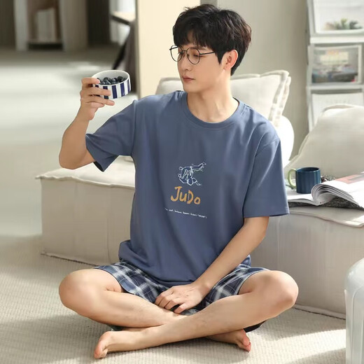 Modal solid color cotton pajamas men's summer short-sleeved teenagers thin cotton summer large-size home clothes pajamas set D1990 (A679) M (recommended 80-115Jin [Jin equals 0.5 kg])