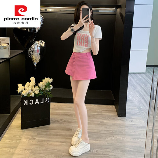 皮尔卡丹（pierre cardin）粉色排扣装饰休闲牛仔短裤女高腰显瘦假两件包臀裤裙短上衣两件套 7029白色上衣+7028玫红牛仔裙 S