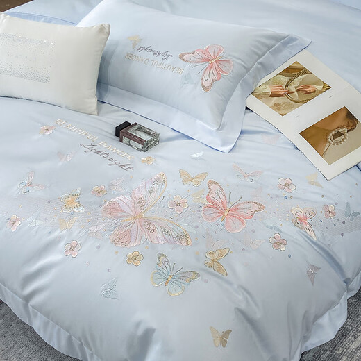 Mercury series light luxury and high-end sense 180-count satin long-staple cotton four-piece set 100% cotton pure cotton quilt cover 2025 new bedding 4 Class A maternal and infant grade pure cotton 100% Si-Sky Blue 1.8 Sheet Style Four-piece Set Quilt Cover 200*230