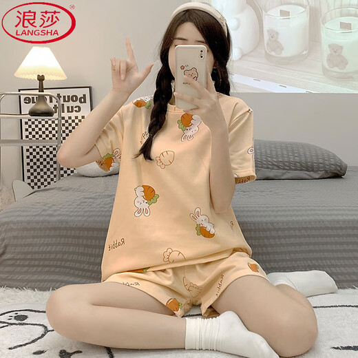 浪莎（LangSha）夏季女睡衣新款棉质夏天2025ins卡通印花圆领套头短袖爆款可外穿 1048紫兔 L (适合95-110斤)
