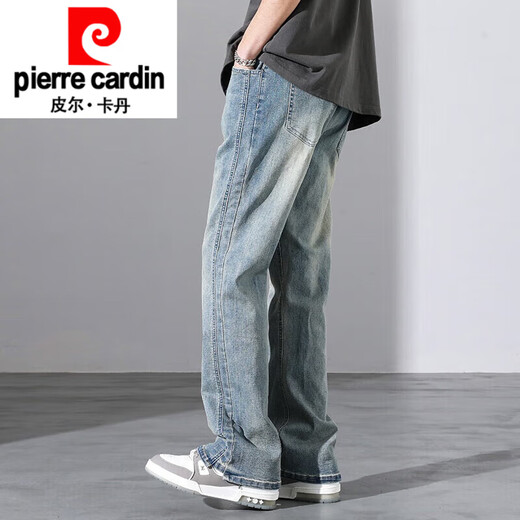 皮尔卡丹（pierre cardin）美式牛仔裤男生微喇叭夏季高街复古怀旧窄版直筒长裤子春秋款针织 9901怀旧蓝 XL