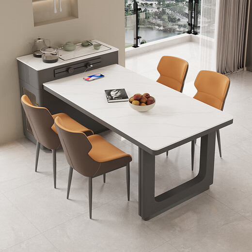 Yaogan cream style slate island table, dining table and tea table, one-piece retractable small-sized high-end home restaurant center table, 12mm slate, fixed socket, regular flat model, 1.4 meters, 1 table, 4 plush chairs