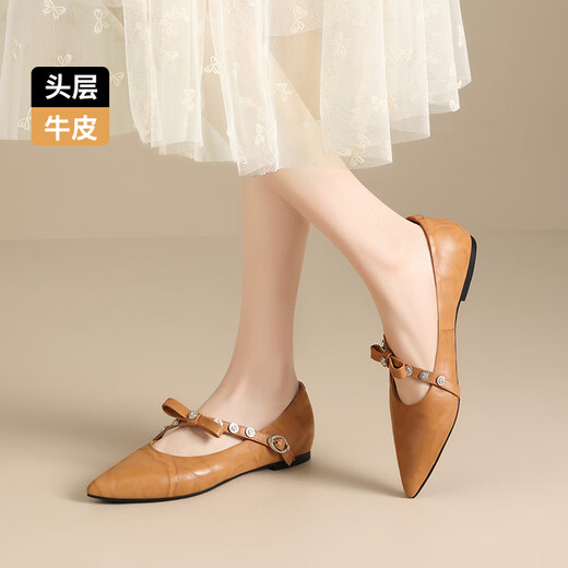 ZHR头层牛皮玛丽珍女鞋百搭时尚饰扣软底浅口单鞋女 S687 杏黄 38