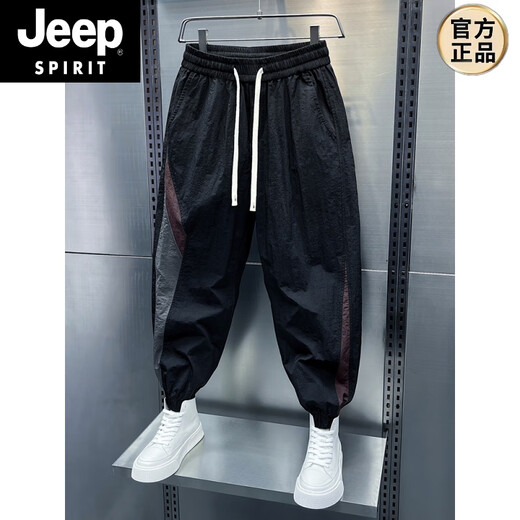JEEP SPIRIT夏季薄款宽松休闲裤男条纹拼接小脚九分裤痞帅潮牌束脚哈伦运动裤 黑绿薄/款 M 100-125斤