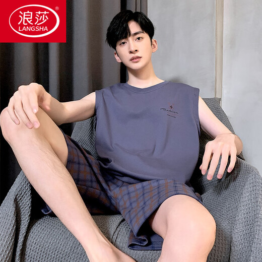 浪莎（LangSha）睡衣男士夏季纯棉薄2025新款背心短裤男款家居服套装大码无袖夏天 OMM-13063 L