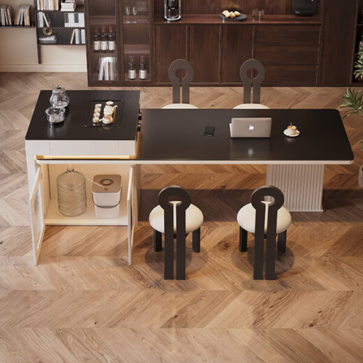 Guansi slate island dining table integrated retractable high-end retro restaurant dining table and chair combination induction cooker all solid wood island dining table slide rail socket + tea stove 6 key chair 160cm x80x76.5cm