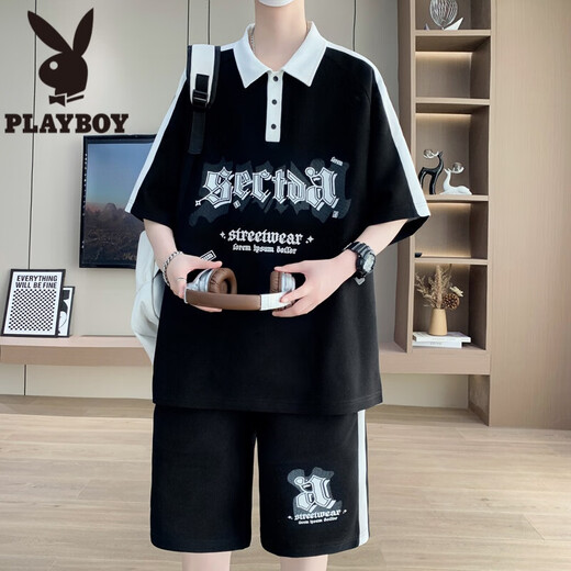 花花公子（PLAYBOY）青少年短袖t恤男孩夏季12-15岁初中高中学生polo衫13帅气大童套装 NZJ-6629黑色(短袖+短裤) M 75至105斤