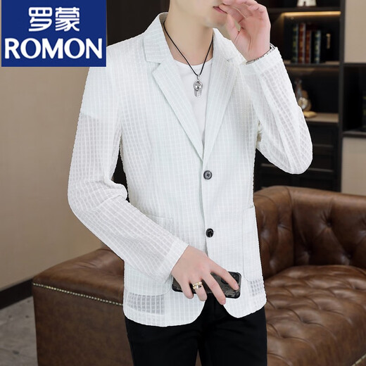 Romon (Romon) Ice Seiden Sonnenschutzkleidung Herrenjacke Sommer Trendy Marke kleine Anzugkragenjacke Persönlichkeit hübsches Sonnenschutzkleidung Herren-Top weißer XXS 90-105jin [Jin ist gleich 0,5 kg] geeignet zum Tragen geeignet