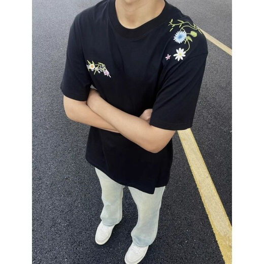7家优品花卉刺绣字母短袖t恤男款夏季美式高街潮牌高级感学院风情侣上衣 XXJR-1025白灰色 XL