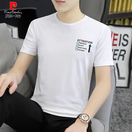 Pierre Cardin 2025 NUEVA Camiseta de manga corta Summer NUEVA Camiseta de moda masculina Estilo coreano Personalidad Slim Fiting Impresión de modernas estampadas Tender a media manga 1421 White M 100Jin [Jin equivale a 0.5 kg] -110Jin [Jin equivale a 0.5 kg]