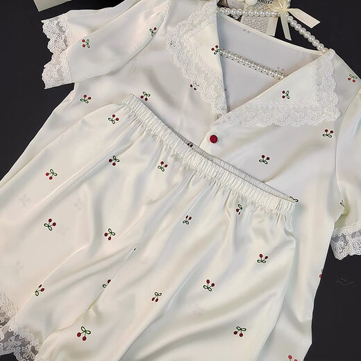 猫人（MiiOW）冰丝睡衣女三件套ins小樱桃蕾丝花边夏季新款短袖甜美少女家居服 WLW-9221[短袖短裤] M [建议80-100斤]