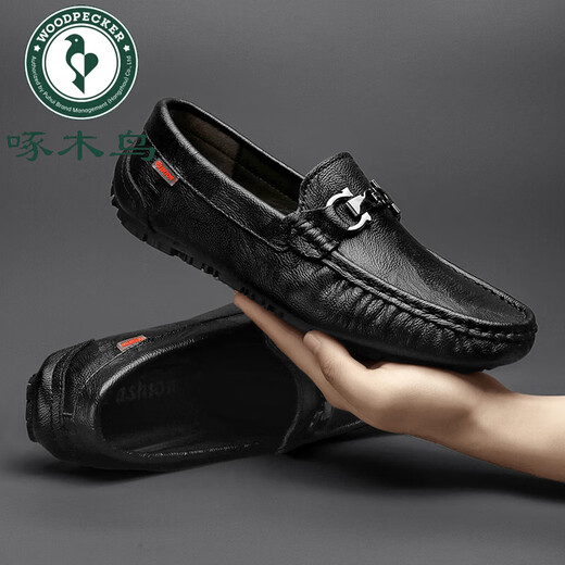Specht Frühling Herrenschuhe Mützenschuhe echte Ledermänner 2025 Neugeschäft weiche Haut weiche Sohle faule Leute Stick lässig Lederschuhe Schwarz Hollow-9901 38