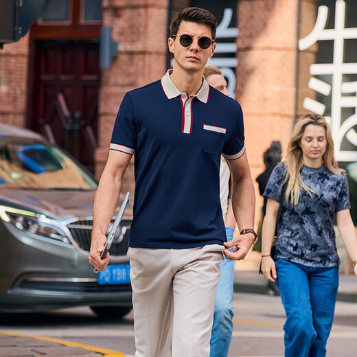 Mr. Bu POLO shirt button retro polo shirt summer new men's lapel short-sleeved college style AT12083 Navy L __175