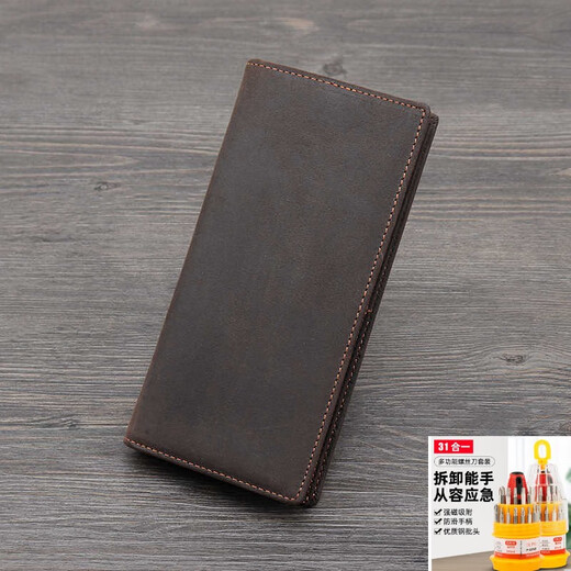 嘉廷2019男士复古.皮长款手机钱包头层牛皮真皮日系手工钱夹文升级款 B款深棕色头层牛皮疯马皮